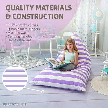 Butterfly Craze Bean Bag Chair Cover, Functional Toddler Toy Organizer, Fill with Stuffed Animals to Create a Jumbo, Comfy Floor Lounger for Boys or Girls, Stuffing Not Included, Purple Stripes