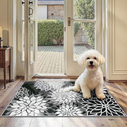 Area Rug 2x3 Black White Washable Entry Small Rug Multicolored Tropical Botanical Modern Floral Indoor Kitchen Door Mat Entrance Carpet Non Slip for Bedroom Living Room, Porch