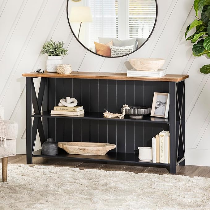 Walker Edison 2 Tier Modern Farmhouse Wood Bookcase Bookshelf Storage Home Office Storage Cabinet, 52 Inch, Black