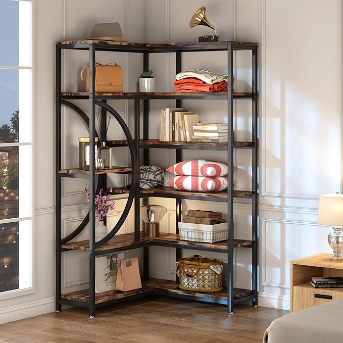 TIYASE 6-Shelf Corner Bookshelf Industrial 6-Tier Corner Etagere Bookcase, Large Corner Shelf L-Shaped Book Shelves Display Storage Rack with Metal Frame for Living Room Home Office, Rustic Brown