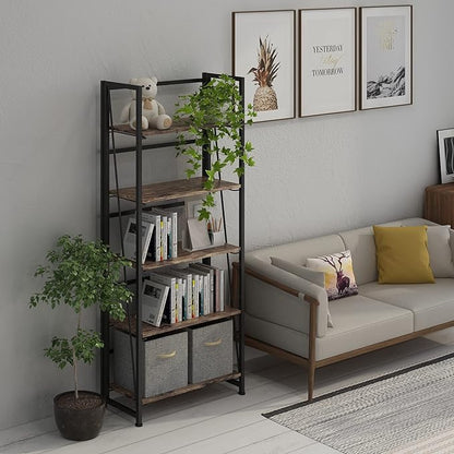 4NM No-Assembly Folding Bookshelf Storage Shelves 5 Tiers Vintage Bookcase Standing Racks Study Organizer Home Office (Rustic Brown and Black)
