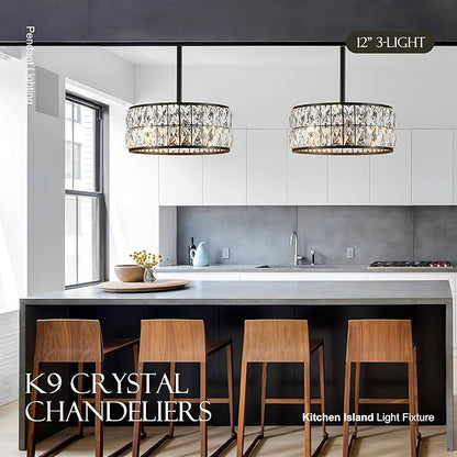 12” 3-Light Modern Crystal Chandeliers Black Dinning Room Light Fixture with Two Poles, Round Pendant Light Kitchen Island Chandelier, Flush Mount Ceiling Light for Living Room Entryway