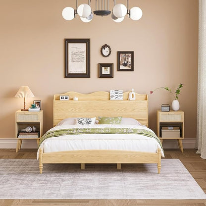 Rattan Nightstand with Opening Storage,Boho Bedside Table with Drawer,Wood Nightstand with Solid Wood Legs,End Side Table for Living Room,Bedroom,Small Space Natural CTG62Y