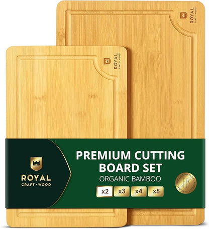 ROYAL CRAFT WOOD Wooden Cutting Boards for Kitchen Meal Prep & Serving - Bamboo Wood Serving Board Set with Deep Juice Groove Side Handles - Charcuterie & Chopping Butcher Block for Meat