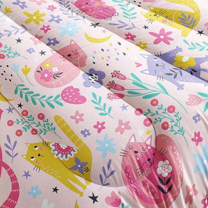 Floral Cat Comforter Queen Size,Pink Cat Comforter Set for Kids Teens Girls,3Pcs Bedding Set Printed Comforter with 2 Pillowcases,Down Alternative,Soft and Lightweight(Pink，Queen Size)