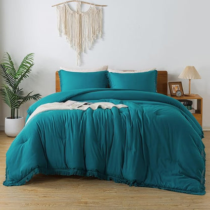 Andency Turquoise Comforter Twin Size, 2 Pieces Boho Teal Tassel Lightweight Bedding Comforter Sets for Twin Bed, Teal Blue All Season Soft Fluffy Fringe Bed Set (66x90In Comforter & 1 Pillowcase)