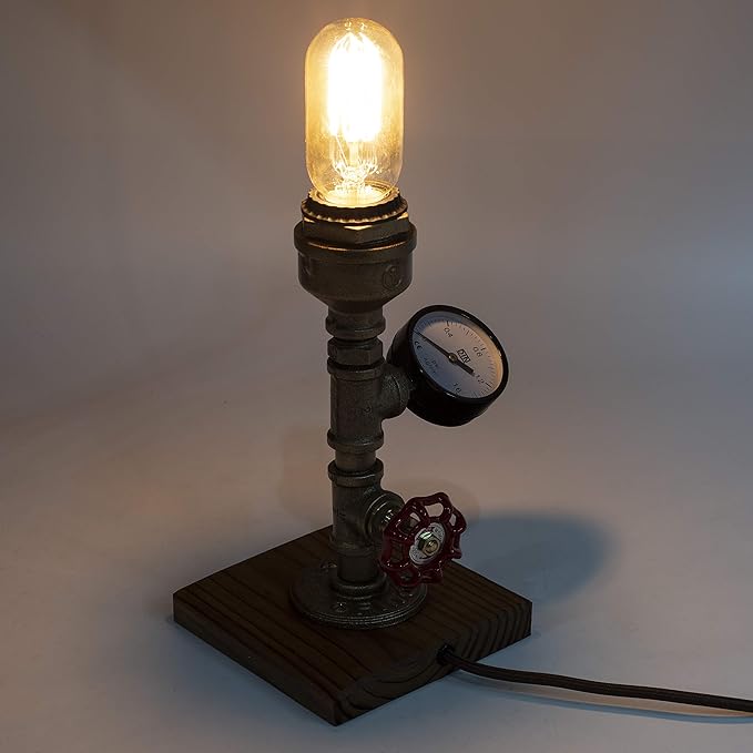 Steampunk Lamp with Dimmer, Dimmable Loft Style Industrial Vintage Antique Style Light with Bulb, Wood Base with Iron Piping Desk Lamp, Retro Desk Lamp LL-025