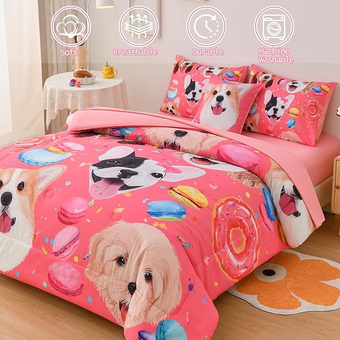 DORCAS Pink Twin Comforter Set for Girls Cute Dog Bedding Sets Twin Girls 6 Pieces Animal Twin Bed-in-A-Bag with Comforter,Sheets,Pillowcases for Kids