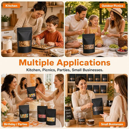 100 Pcs Black Kraft Paper Bags with Window, 5.9" x 8.6" Stand Up Pouches Bags, Food Storage Bags for Packaging Products, Reusable, Sealable
