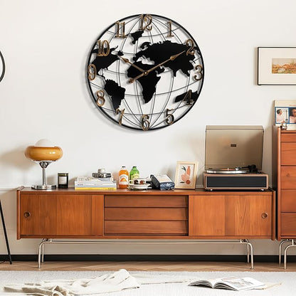 Extra Large World Map Wall Clock - 40 Inch Minimalist Modern Round Metal Silent Non-Ticking Battery Operated for Living Room Office Farmhouse Home Decor