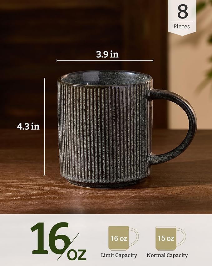 famiware Coffee Mug Set for 8, Star 16 oz Catering Mugs Cup Set with Handle for Coffee, Tea, Cocoa, Milk - Ceramic Stoneware Drinkware Set, Deep Forest