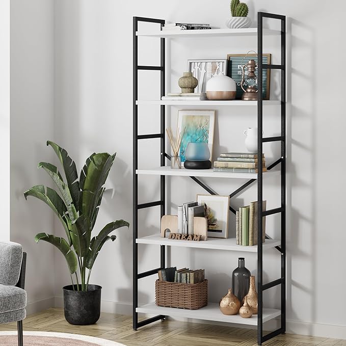 Shintenchi 2 Pieces 5 Tiers Bookshelf, Classically Tall Bookcase Shelf, Industrial Book Rack, Modern Book Holder in Bedroom/Living Room/Home/Office, Storage Rack Shelves for Books/Movies-White