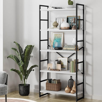 Shintenchi 2 Pieces 5 Tiers Bookshelf, Classically Tall Bookcase Shelf, Industrial Book Rack, Modern Book Holder in Bedroom/Living Room/Home/Office, Storage Rack Shelves for Books/Movies-White