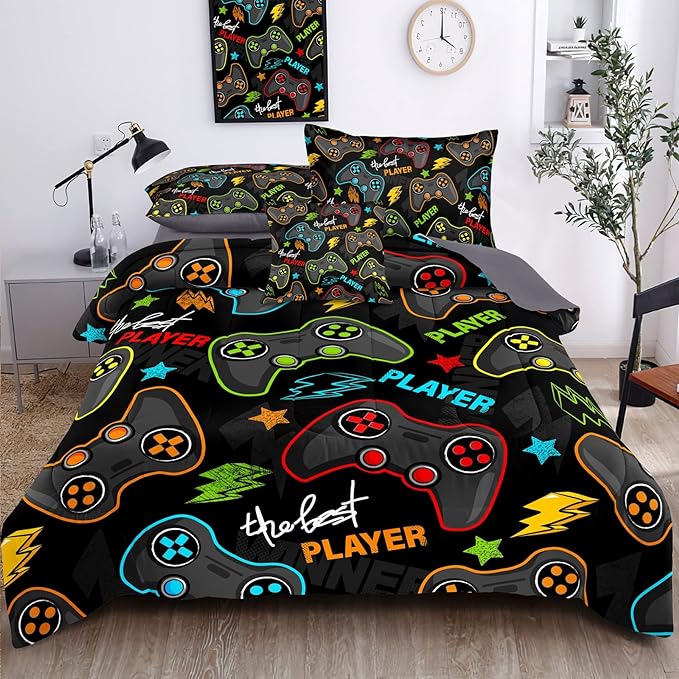 Kids Gaming Bedding Sets, 6 Piece Gamer Comforter Sets for Teens Boys Full Size for Bedroom Comforter Set Adult 3D Gamepad Microfiber Bedding Sets Fits All Season (Full Comforters Set)