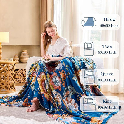 Boho Throw Blanket, Blue Lightweight Blankets for Summer, 100% Cotton Bohemian Decorative Throw Blanket, 80"x90" Reversible Muslin Breathable Woven Farmhouse Blankets Quilt,