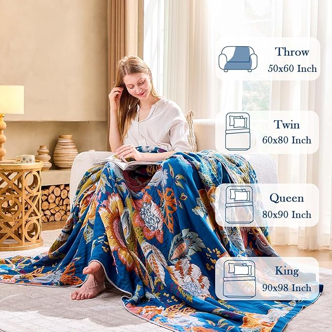 Boho Throw Blanket, Blue Lightweight Blankets for Summer, 100% Cotton Bohemian Decorative Throw Blanket, 90"x98" Reversible Muslin Breathable Woven Farmhouse Blankets Quilt,