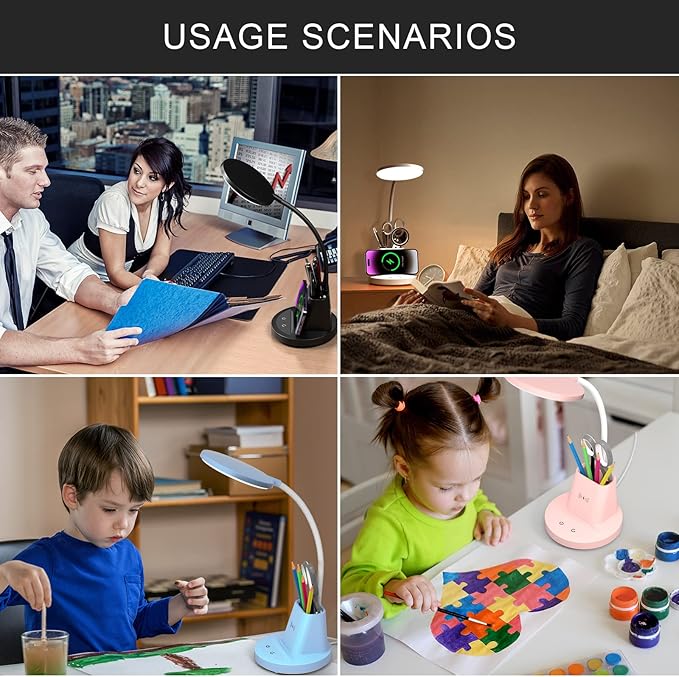 Desk Lamp with Wireless Charger, LED Desk Lamp for Home Office with Pen Holder, Dimmable Eye-Caring Study Desk Light Flexible Arm 3 Color Modes for College Dorm, 800 Lumens CRI 90