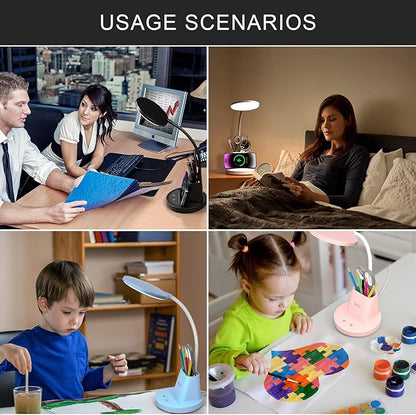 Desk Lamp with Wireless Charger, LED Desk Lamp for Home Office with Pen Holder, Dimmable Eye-Caring Study Desk Light Flexible Arm 3 Color Modes for College Dorm, 800 Lumens CRI 90