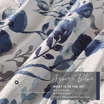 Codi Floral Twin Comforter Set for Teen Girls, Spring Lavender Bedding Sets with Soft Seersucker 2pcs - 1 Flower Comforters and 1 Pillows Case, Blue