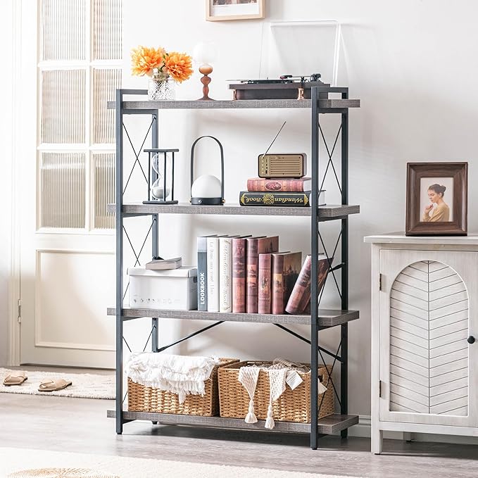 HCHQHS Bookshelf, 4-Tier Industrial Bookcase, Rustic Open Book Shelf, Freestanding Tall Bookshelves with Metal Frame