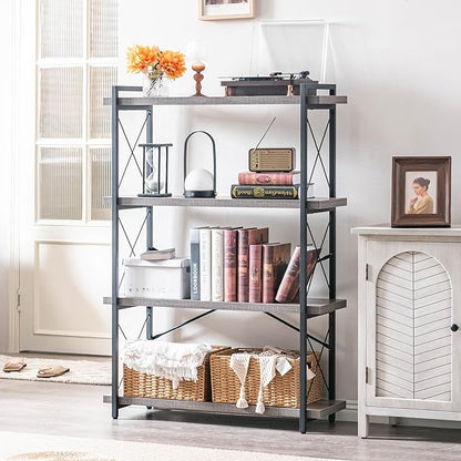 HCHQHS Bookshelf, 4-Tier Industrial Bookcase, Rustic Open Book Shelf, Freestanding Tall Bookshelves with Metal Frame