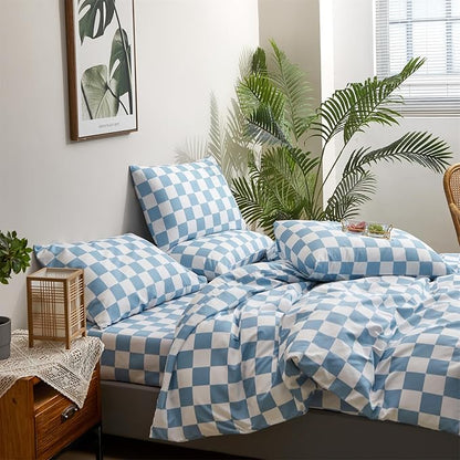 Wellboo Blue White Plaid Comforter Sets Queen Women Men Light Blue and White Checkerboard Grid Bedding Comforters Cotton Boys Girls Modern Dusty Blue Checkered Geometric Quilts Luxury Sky Blue Bed