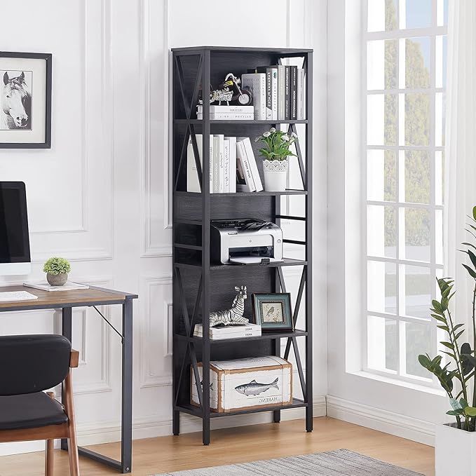 HOMISSUE Bookshelf, 6-Tier Bookshelf, Rustic Wood Metal Bookshelves and Bookcases, Freestanding Open Book Shelf, Industrial Tall Bookcase for Home Office, Living Room and Bedroom, Vintage Grey