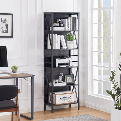 HOMISSUE Bookshelf, 6-Tier Bookshelf, Rustic Wood Metal Bookshelves and Bookcases, Freestanding Open Book Shelf, Industrial Tall Bookcase for Home Office, Living Room and Bedroom, Vintage Grey