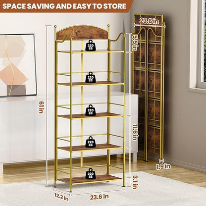 Folding Bookshelf No Assembly, 5 Shelf Gold Folding Bookcase, Industrial Tall Metal Collapsible Corner Book Shelf with Storage Shelves for Bedroom, Living Room, Home Office Organization