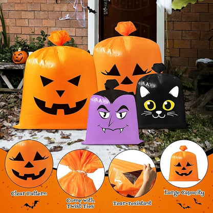 CNhoqc Halloween Lawn Leaf Bags - 16Pcs Halloween Theme Pumpkin Black Cat Ghost Mummy Patterns Waste Bags with Twist Ties, Large Grass Plastic Trash Container for Garden Outdoor Halloween Decorations