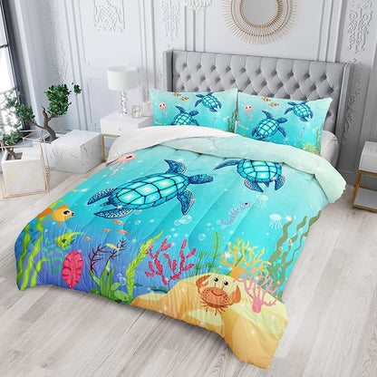 Turtle Comforter Set Full Ocean Watercolor Sea Turtle Bedding Set Nautical Sea Animal Reptile Bed Set with 2 Pillowcases for Kids Room Decor