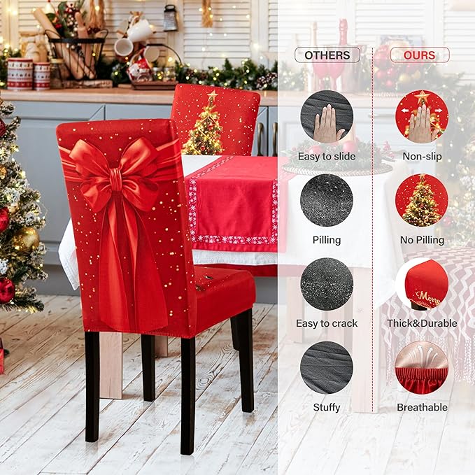 6PCS Christmas Dining Chair Covers Stretch Removable Washable Dining Room Chair Protector Slipcover 3D Print Xmas Tree Bow Tie Kitchen Chair Cover Slipcovers for Xmas Holiday Party Home Décor