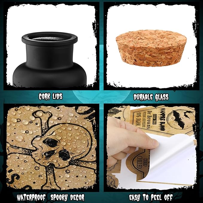 Umigy 3 Pcs Vintage Glass Potion Bottles with Cork Lid Black Halloween Tiered Tray Decoration 12 Apothecary Bottles Jars Stickers Labels Halloween Table Home Bathroom Decorations Indoor