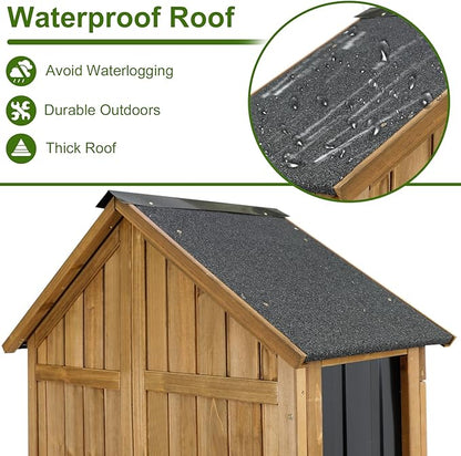 Wood & Metal Outdoor Storage Cabinet with Waterproof Roof, Garden Tool Shed with 6 T-Hinge, 4 Reinforced feet with Metal Brackets and 6 Adjustable feet, 3 Removable Shelves, 13.2X 31x 67IN