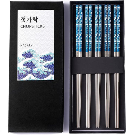 Hagary Blue Wave Chopsticks 5 Pairs Metal Chopsticks Reusable Designed In Korea Japanese Style Stainless Steel 316 18/10 Non-Slip Dishwasher Safe Laser Engraved