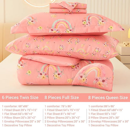 Mooreeke Twin Size Comforter Sets for Girls Kids, 6 Pieces Bed in a Bag Pink Rainbow Flowers Bedding Comforter Sheet Set with Shams and Decorative Toy Pillow, Ultral Soft Microfiber Kids Bed Set