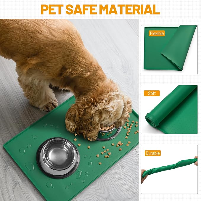 Hubulk Dog Feeding Mat,100% Waterproof Food Grade Silicone Pet Food and Water Bowl Placemat,Dishwasher, High Raised Edge to Prevent Spills,Nonslip Tray to Stop Messes on Floor(19"x12"x0.5",Hunter