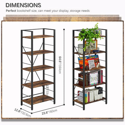 4NM Bookshelf 5 Tier Industrial Bookcase Home Office Adjustable Bookshelves Storage Shelves Organizer Vintage Book Shelf Display Rack for Living Room, Bedroom,Home- Rustic Brown