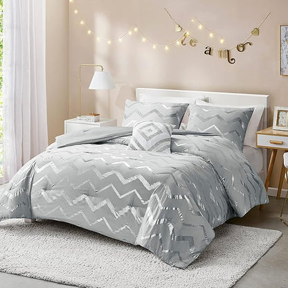 Codi Ziggy Metallic Grey Comforter Set Twin/Twin XL Size, Silver Bedroom Decor for Girls Room, 3 Piece Bedding Sets (2 Matching Sham + 1 Decorative Pillow)