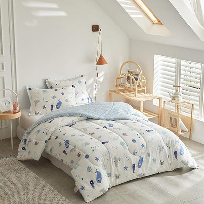 Joyreap 3pcs Premium Cotton Comforter Set for Kids Boys n Girls, Vibrant Ocean Theme Starfish Whale Crab Printed, Skin-friendly Breathable Bedding Comforter for All Season (Full/Queen, 88x88 inches)