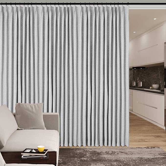 100% Blackout Linen Textured Drapes for Bedroom Pinch Pleated Curtains for Track System Portable Drapery for Sliding Glass Door/Storage/Space Room Divider, 70" Wx96 L, 1 PC, Silver Grey