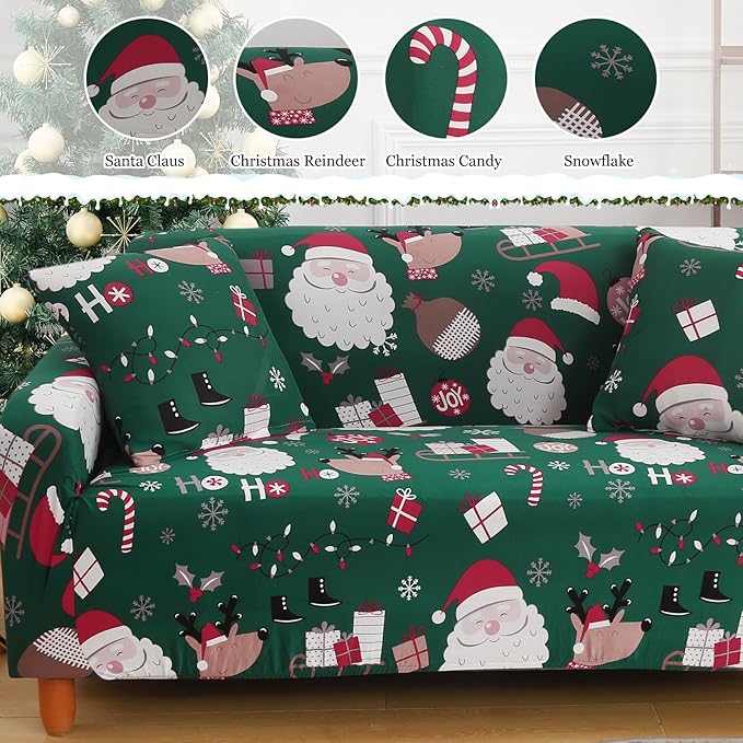 Mybedsoul Christmas Printed Sofa Cover Santa Claus Elastic Couch Cover Machine Washable Christmas Theme Red Sofa Slipcover for Living Room(3 Seater)