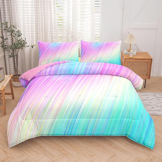 Bodhi pink queen comforter set,comforter set for girls,tie dye bedding set for kids,kids girls bedding sets,queen comforter sets for girls,3PCS rainbow bedding set with pillowcase