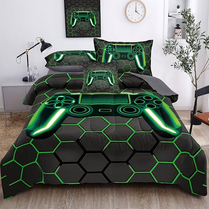 Kids Gaming Bedding Sets, 6 Piece Gamer Comforter Sets for Teens Boys Queen Size for Bedroom Comforter Set Adult 3D Gamepad Microfiber Bedding Sets Fits All Season (Queen Comforter