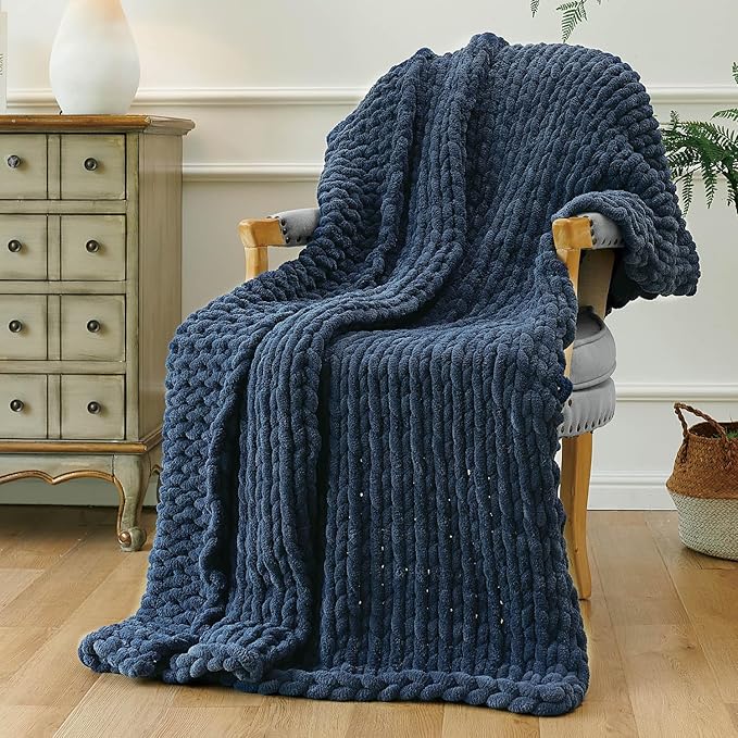 Esterra Chunky Knit Throw Blanket Newly Upgraded Heavy Tighter Version, Handmade Chenille Throw Super Soft, Thick Yarn Cable Knit Crochet Throw Blanket for Couch Bed Sofa, 50"x60", Navy Blue