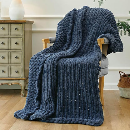 Esterra Chunky Knit Throw Blanket Newly Upgraded Heavy Tighter Version, Handmade Chenille Throw Super Soft, Thick Yarn Cable Knit Crochet Throw Blanket for Couch Bed Sofa, 50"x60", Navy Blue