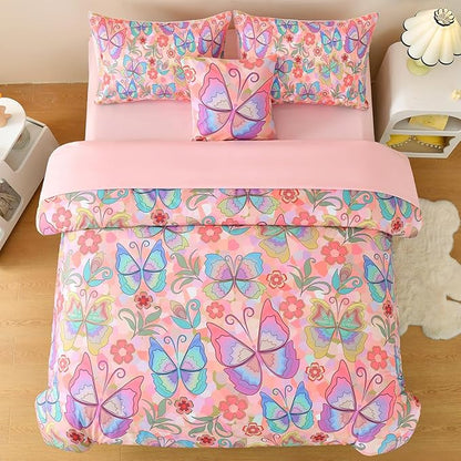Butterfly Bedding Set Full, Pink Butterfly Comforter Set for Girls Kids Teens 6 pcs Bed in a Bag Full Bedding Sets for Girls