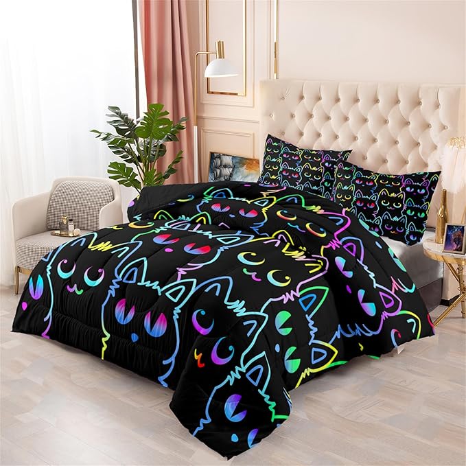 Cat Comforter Set for Girls Room - Colorful Cartoon Cats Bedding Set for Girls Bedroom Girls Room Decor Ultra Soft Cats Comforter Set for All-Season with 1 Comforter and 2 Pillowcases, Queen Size