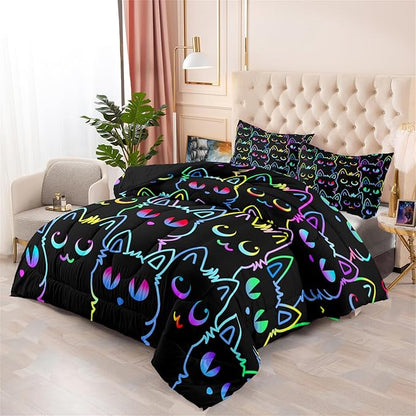 Cat Comforter Set for Girls Room - Colorful Cartoon Cats Bedding Set for Girls Bedroom Girls Room Decor Ultra Soft Cats Comforter Set for All-Season with 1 Comforter and 2 Pillowcases, Queen Size