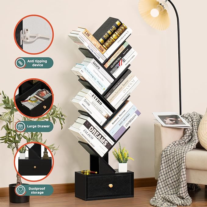 8 Tier Tree Bookshelf with Drawer, Free Standing Wood Bookcase for Living Room, Bedroom, Home Office, Space Saving Storage Organizer Bookshelves for Books, CDs, Vinyl Records- Black